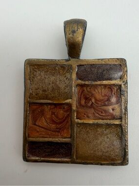 Mid Century Mosaic Pendant Square Patchwork 1.25”x1.25” Gold Tone Earthy Shades
